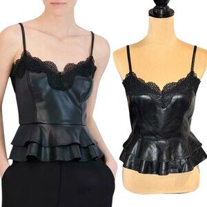 BCBGMAXAZRIA Faux Leather Peplum Top Sz.S Black Lace Dark Fairy Sexy Edgy Party